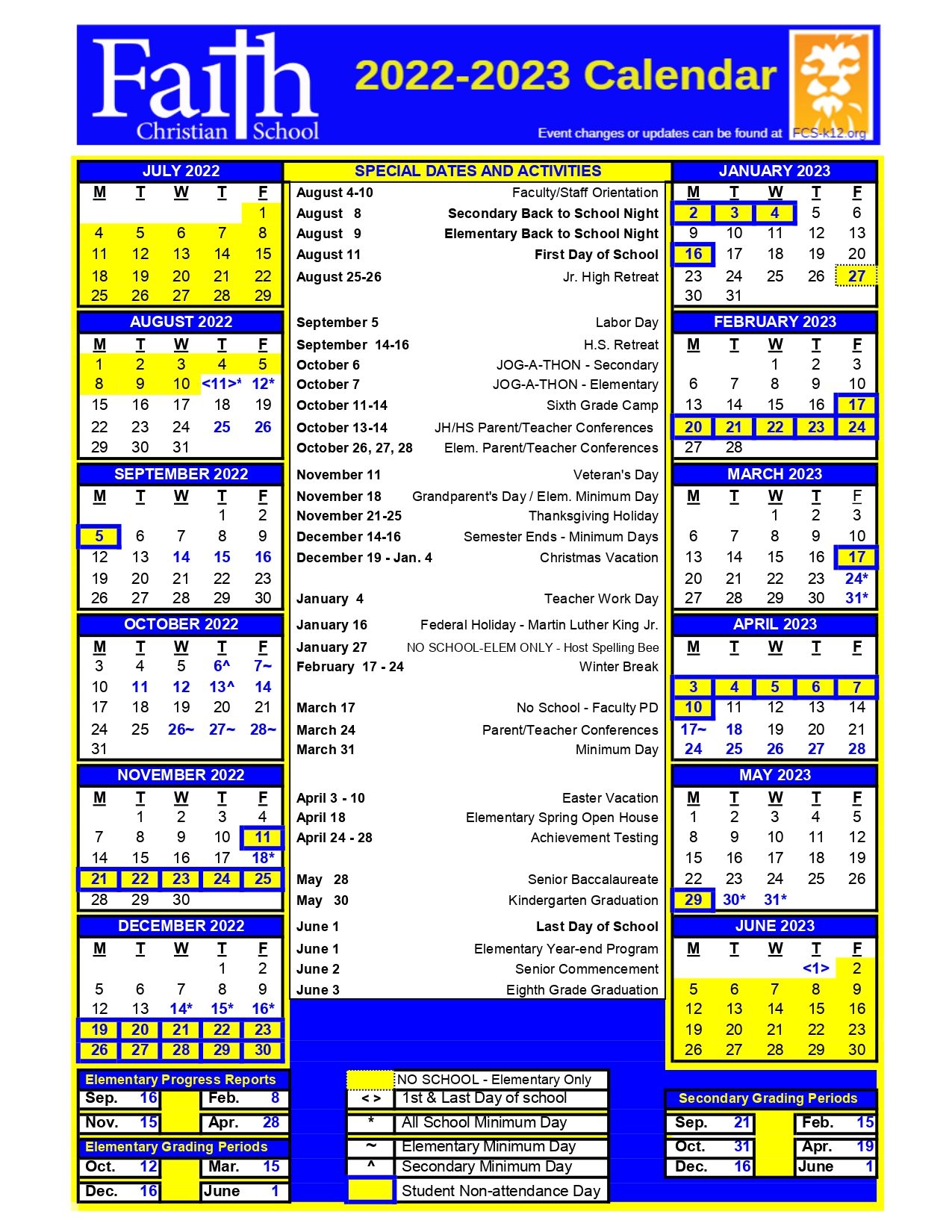 Calendar Faith Christian School, Inc.